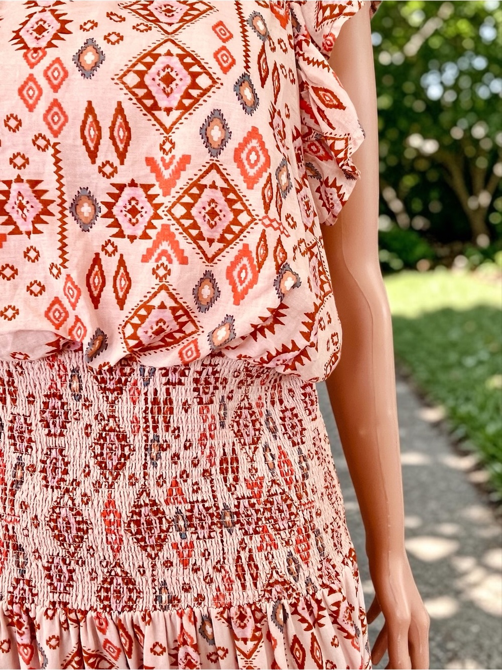 AQUA Boho Smocked Cotton Maxi Dress XL Pink Geometric Flutter Sleeve - Picture 4 of 10